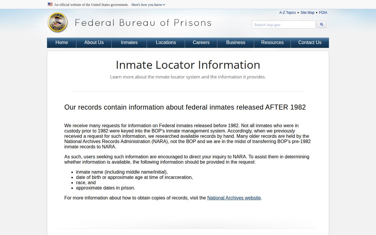 Federal BOP RELEASED status and release-date definitions for a Kane County federal inmate search