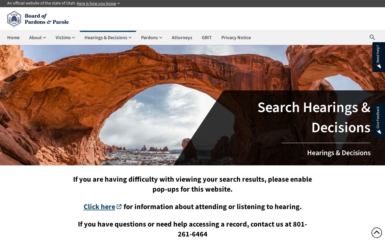 Utah Board search for Kane County parole decisions and supervision records